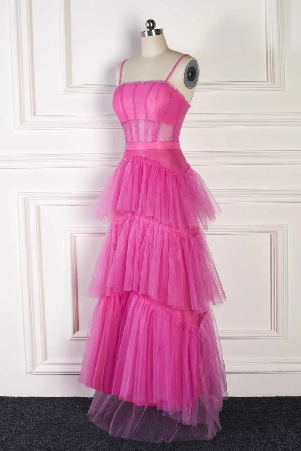 Straps Hot Pink Ruffle Layered Prom Dress