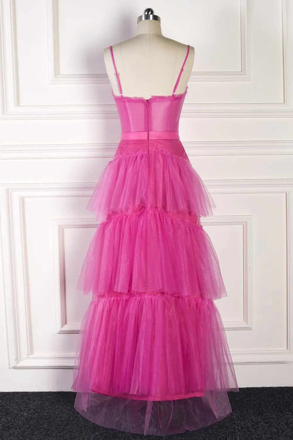 Straps Hot Pink Ruffle Layered Prom Dress