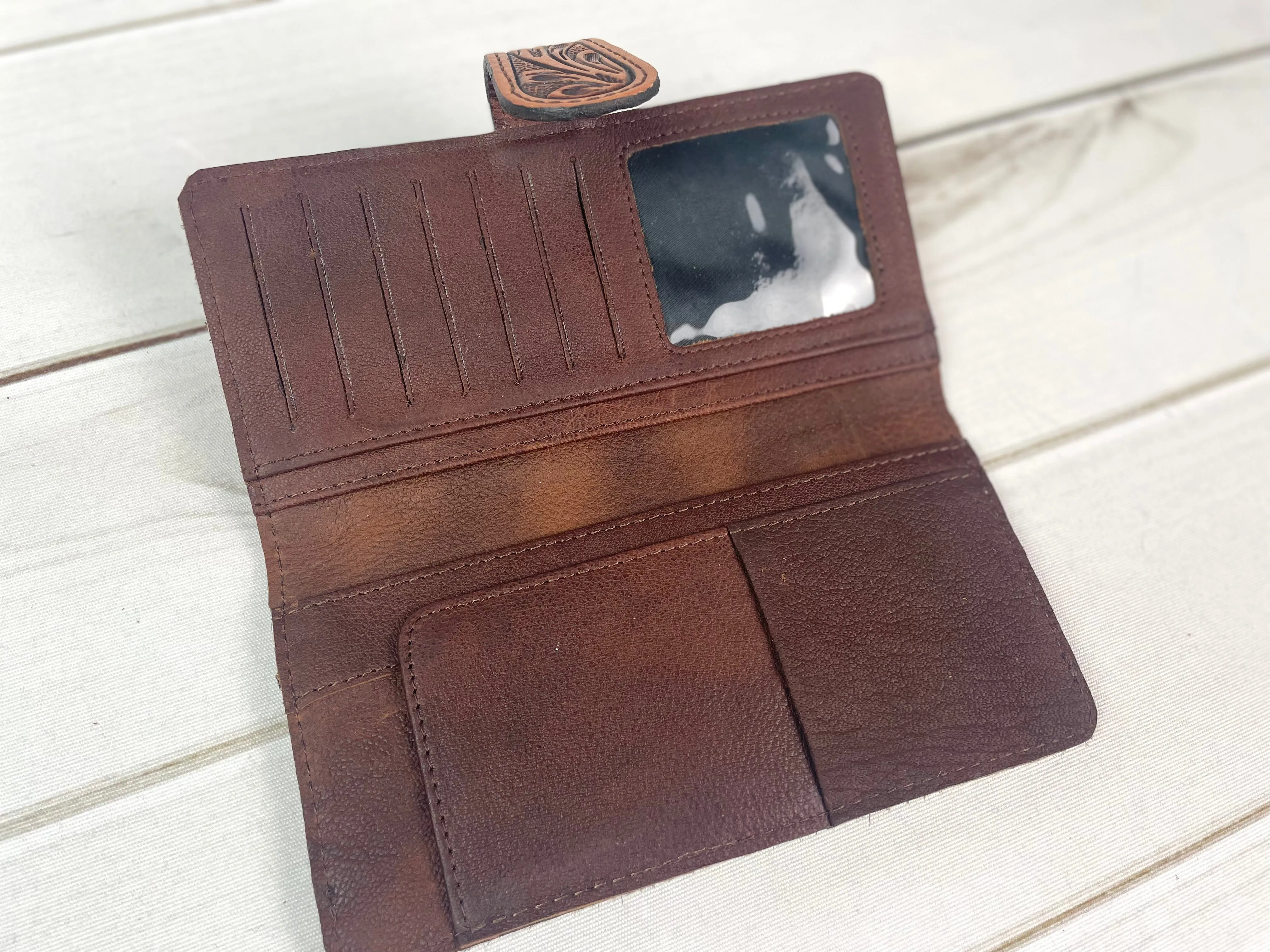 Sunflower Tooled Teal Buckstitch Leather Flap on Cowhide Wallet