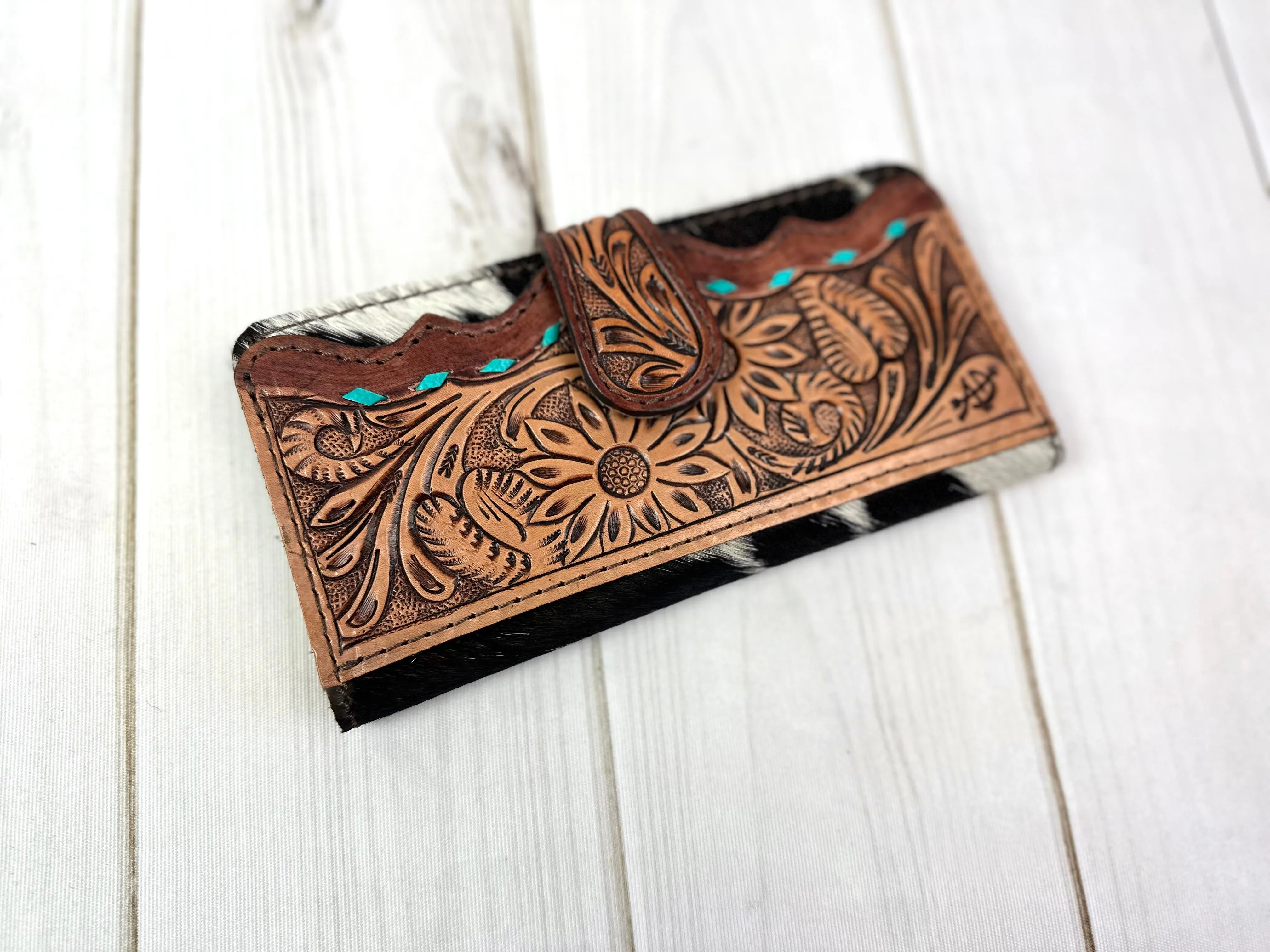 Sunflower Tooled Teal Buckstitch Leather Flap on Cowhide Wallet