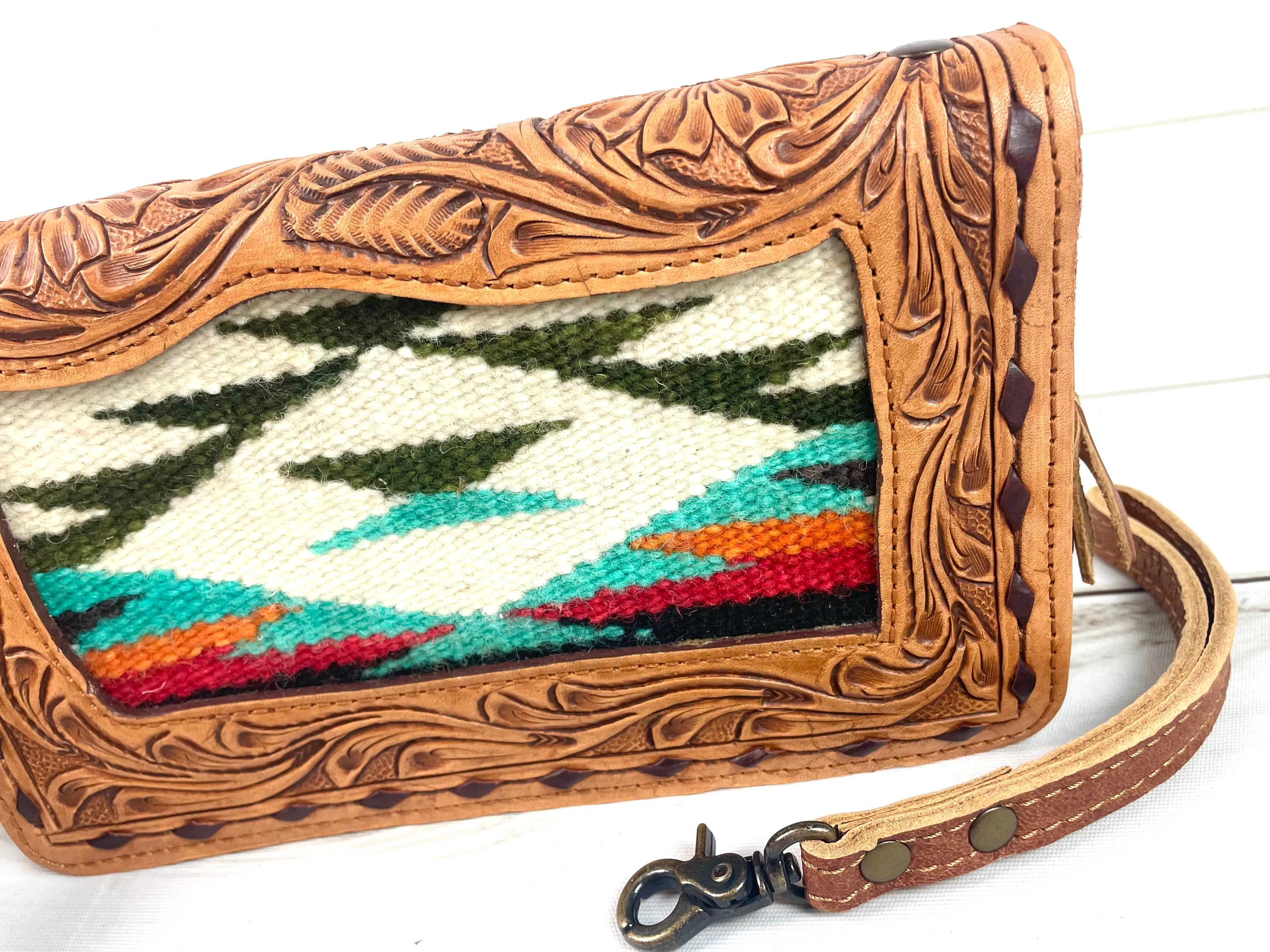 Sunset Tooled Leather Wool Inset Carryall Wallet