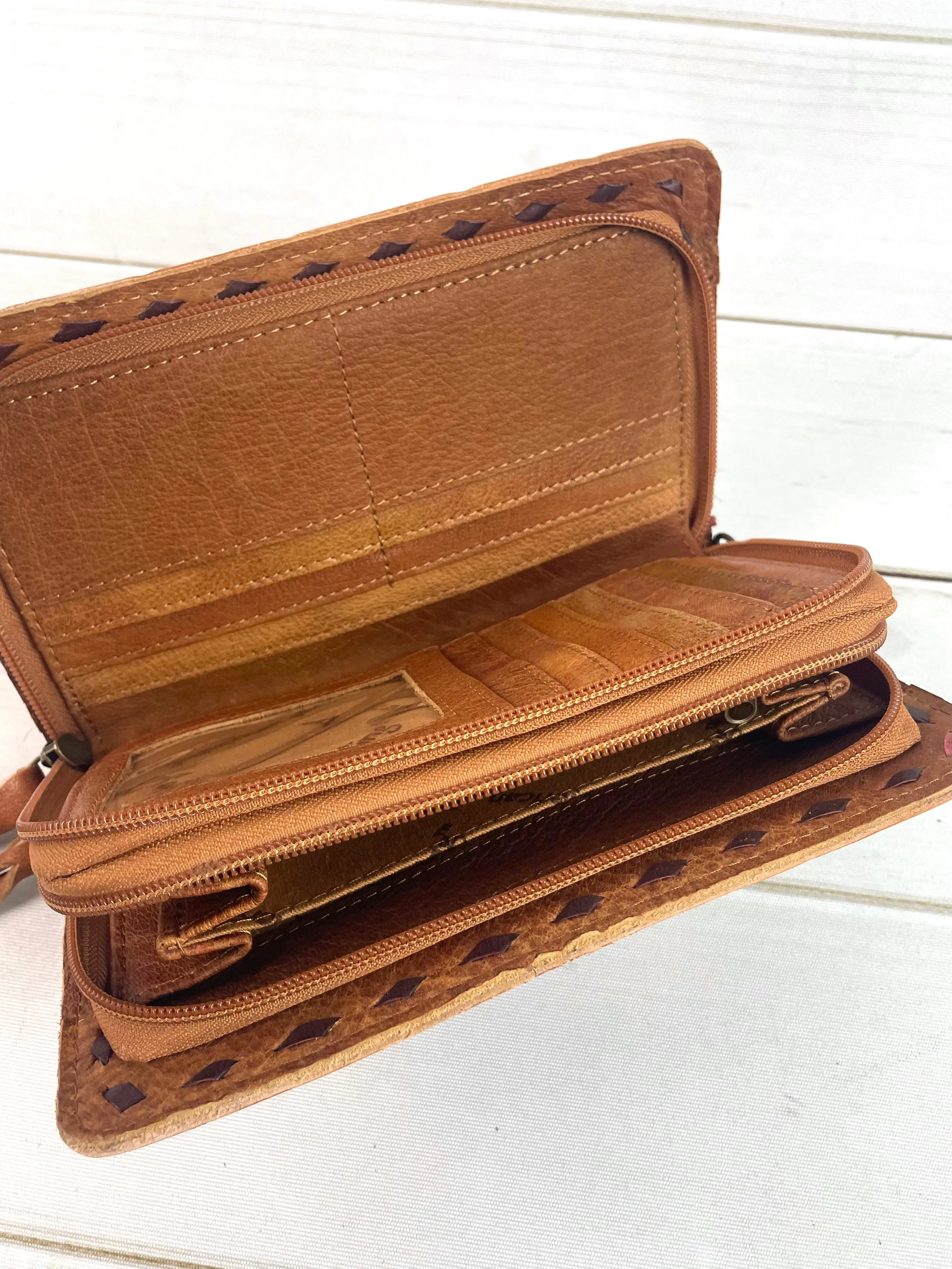 Sunset Tooled Leather Wool Inset Carryall Wallet