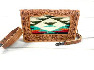 Sunset Tooled Leather Wool Inset Carryall Wallet