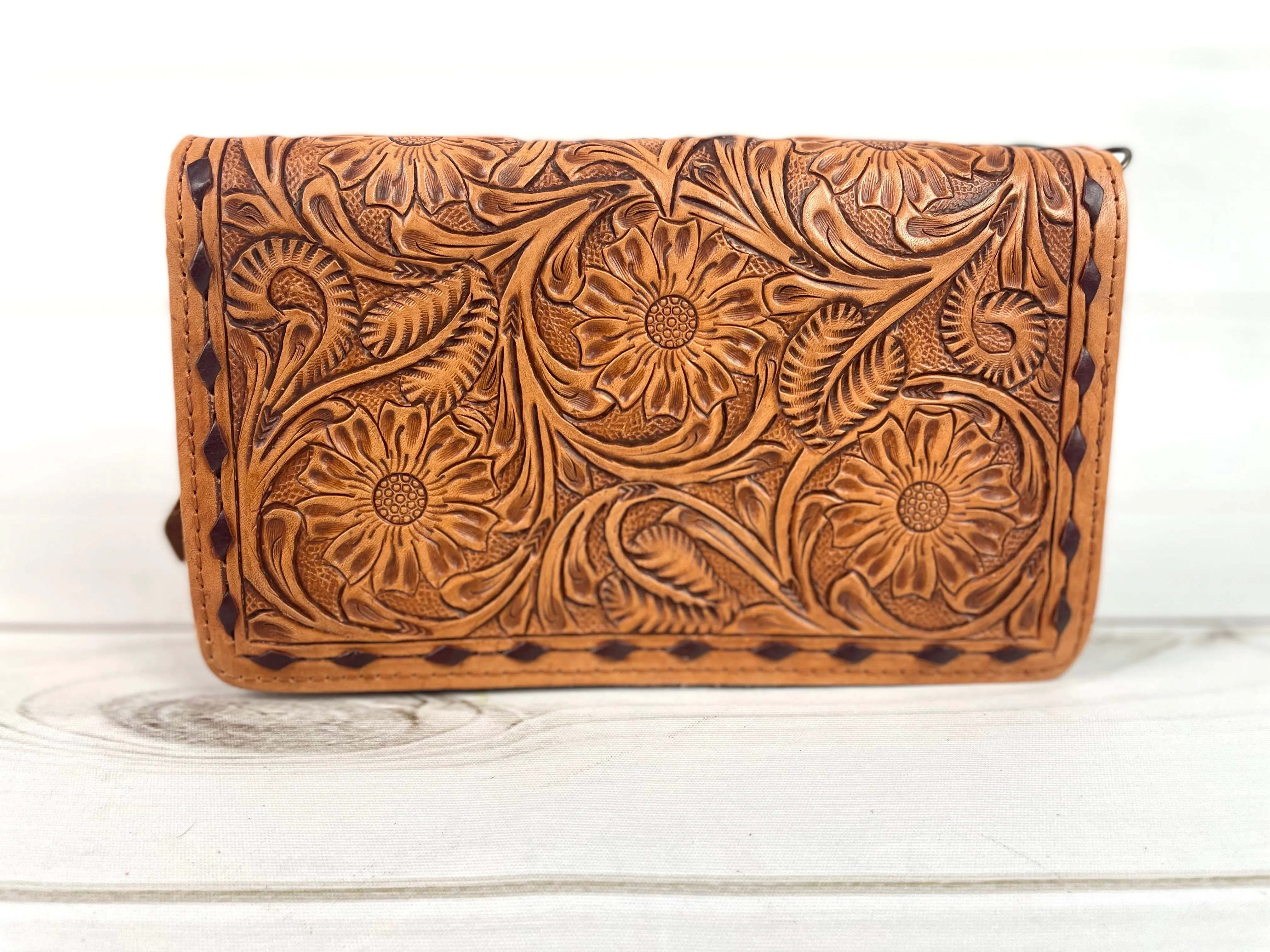 Sunset Tooled Leather Wool Inset Carryall Wallet