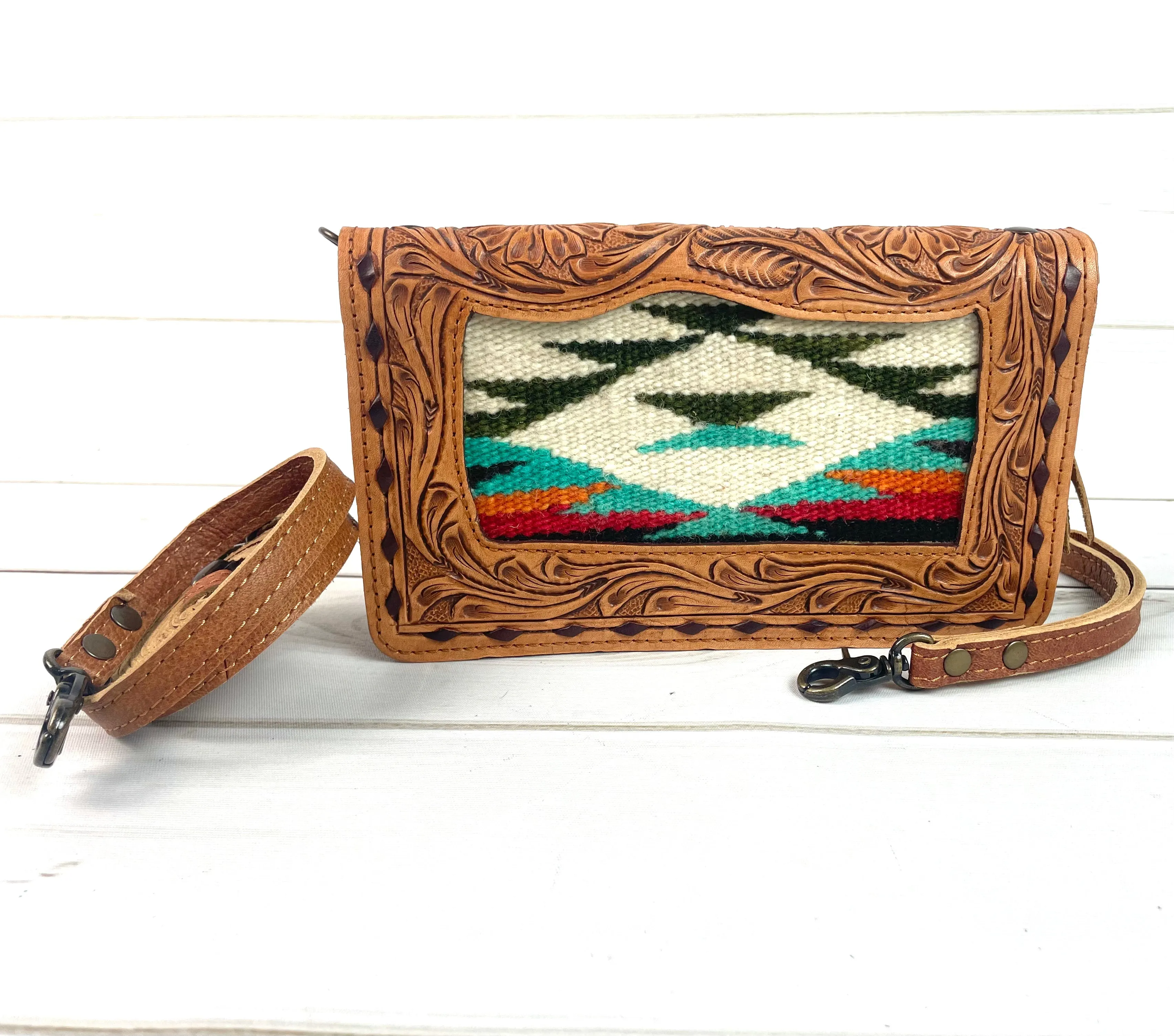 Sunset Tooled Leather Wool Inset Carryall Wallet