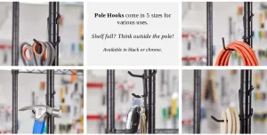 Sunway Shelf Pole Hooks 5-Pack | Utility Hanger Chrome | Best Solution for Garage Shelving Storage Organization | Use with Metal or Wire Shelves and Racks | Heavy Duty, Easy Installation