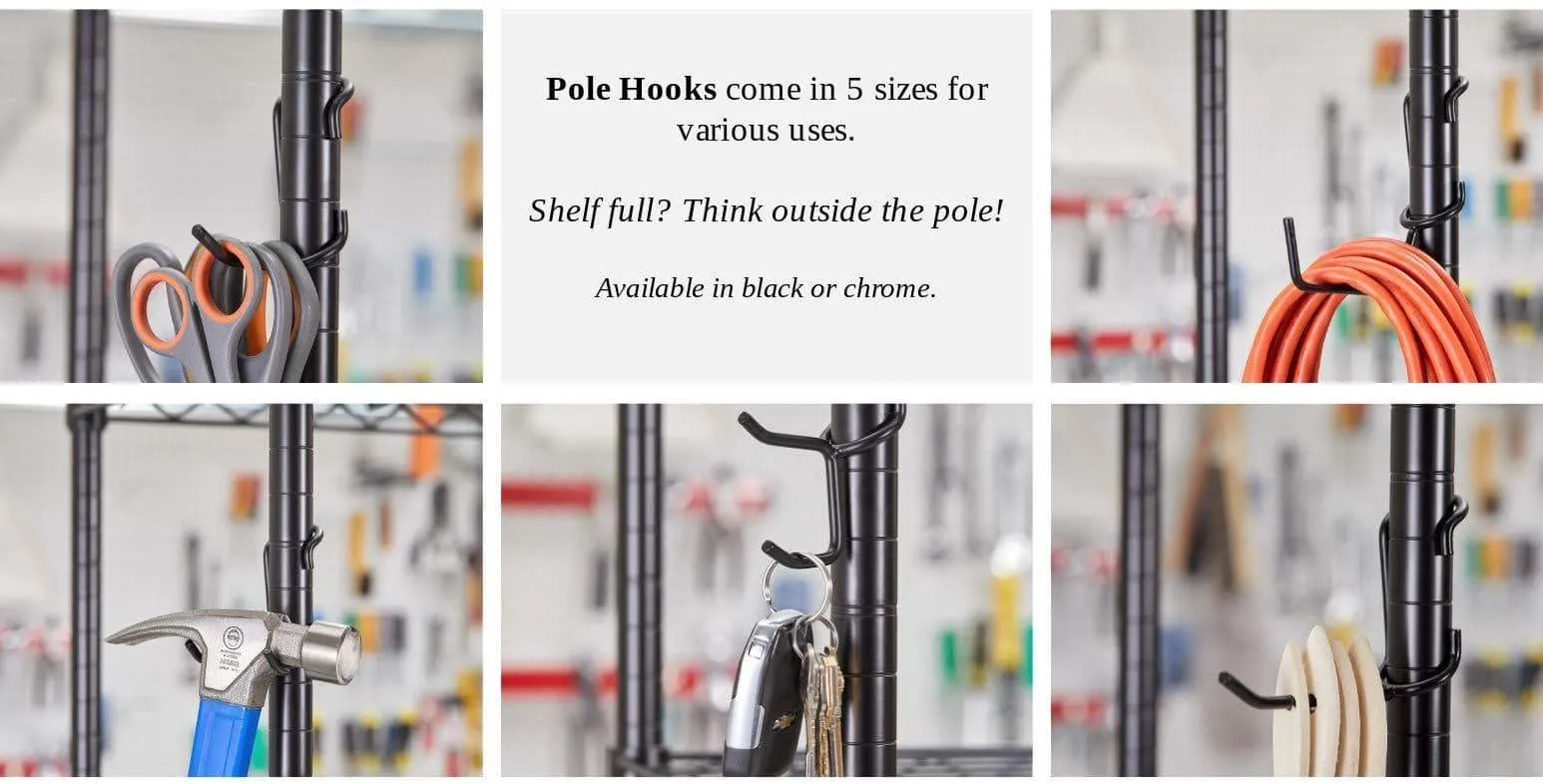 Sunway Shelf Pole Hooks 5-Pack | Utility Hanger Chrome | Best Solution for Garage Shelving Storage Organization | Use with Metal or Wire Shelves and Racks | Heavy Duty, Easy Installation
