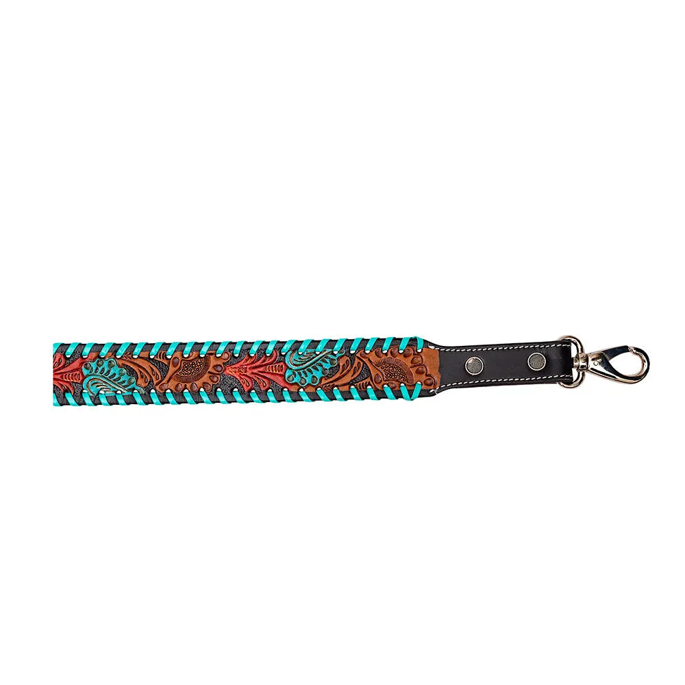 TEAL RED BLOOM HAND-TOOLED LEATHER STRAP