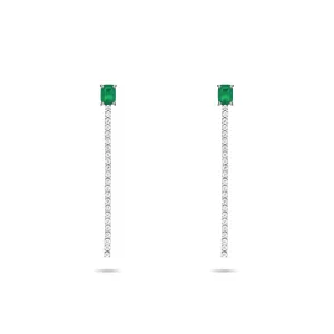 Tennis Earring With Rectangle Stone - Silver Green And White