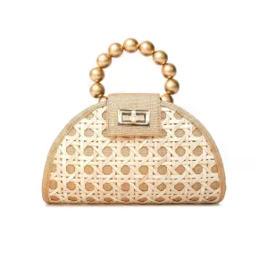 THE BELLA Tan & Gold Rattan Woven Handbag