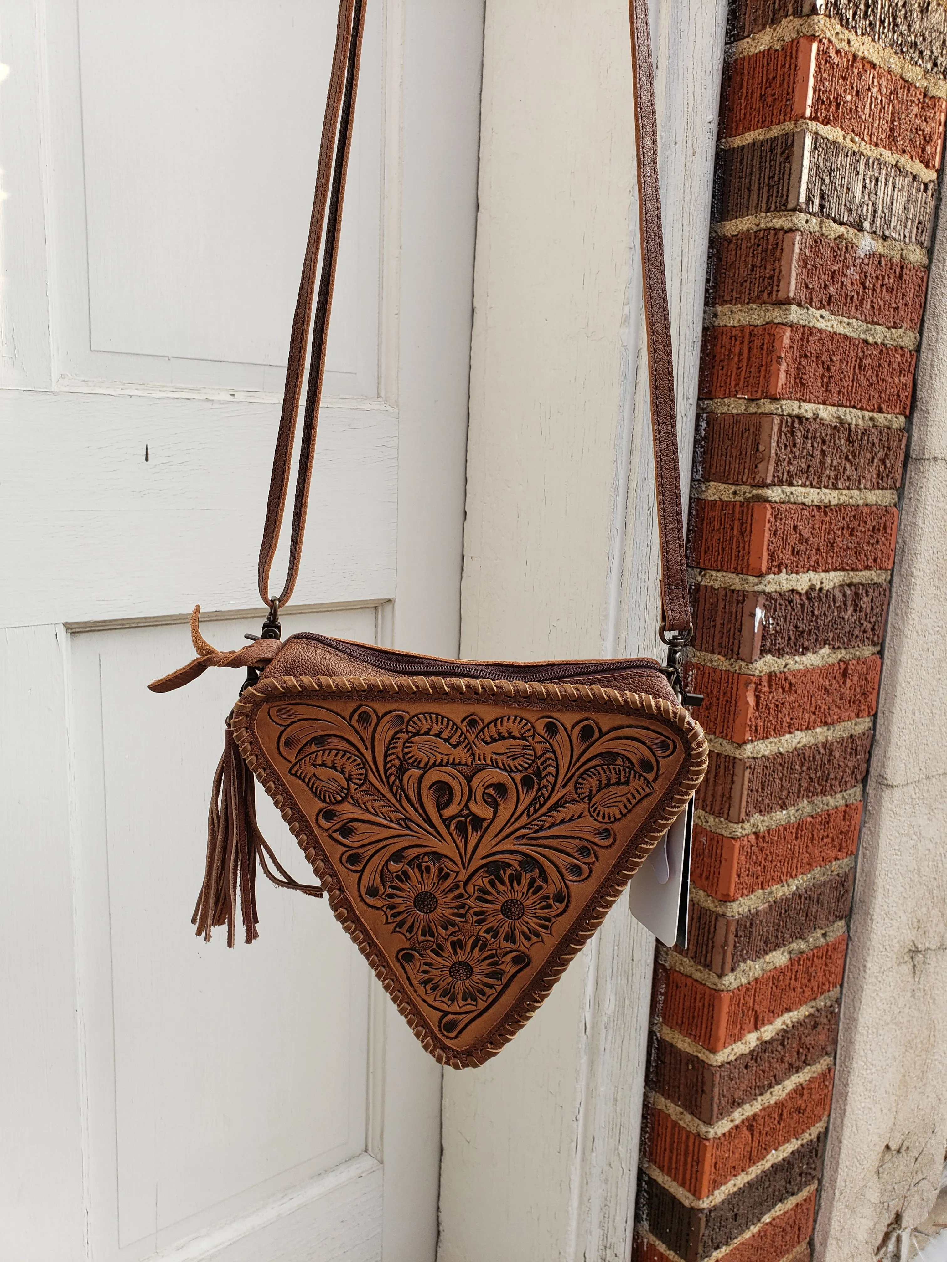 Tooled Triangle Crossbody Bag