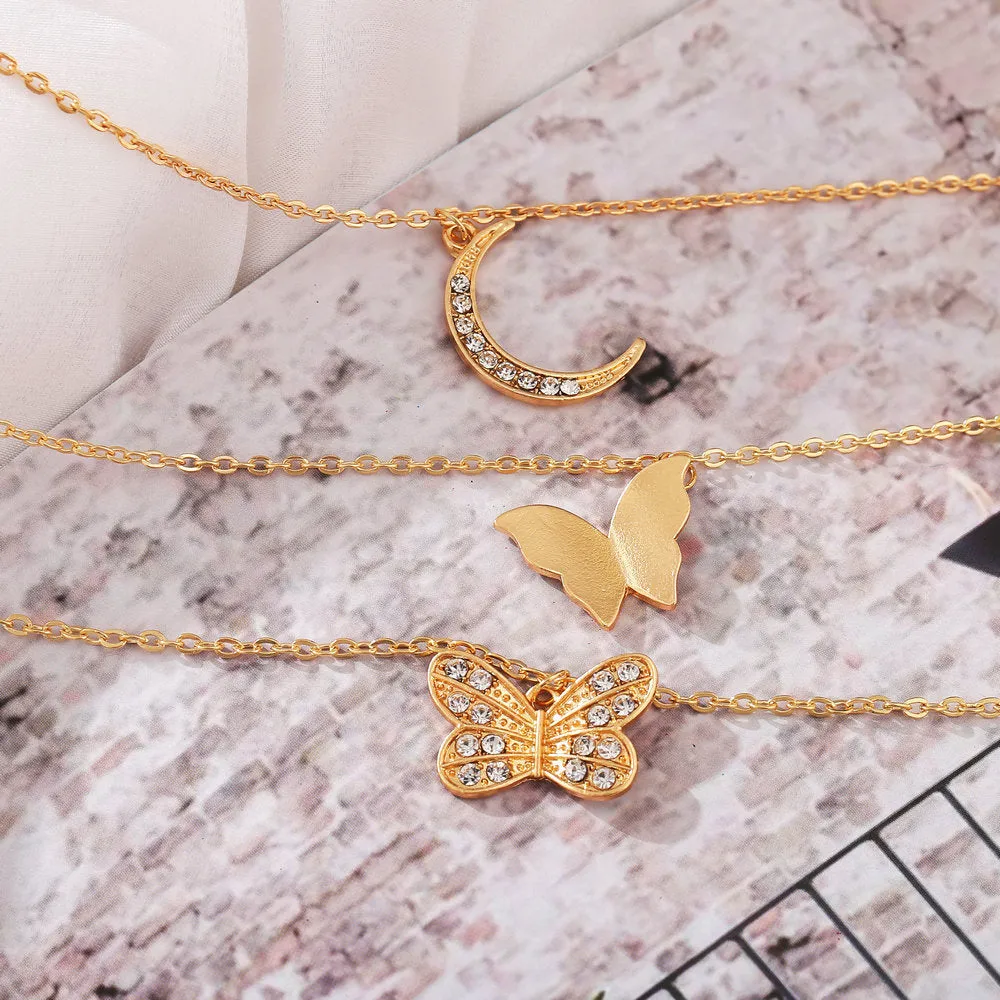 Triple Layered Moon Double Butterfly Pendant