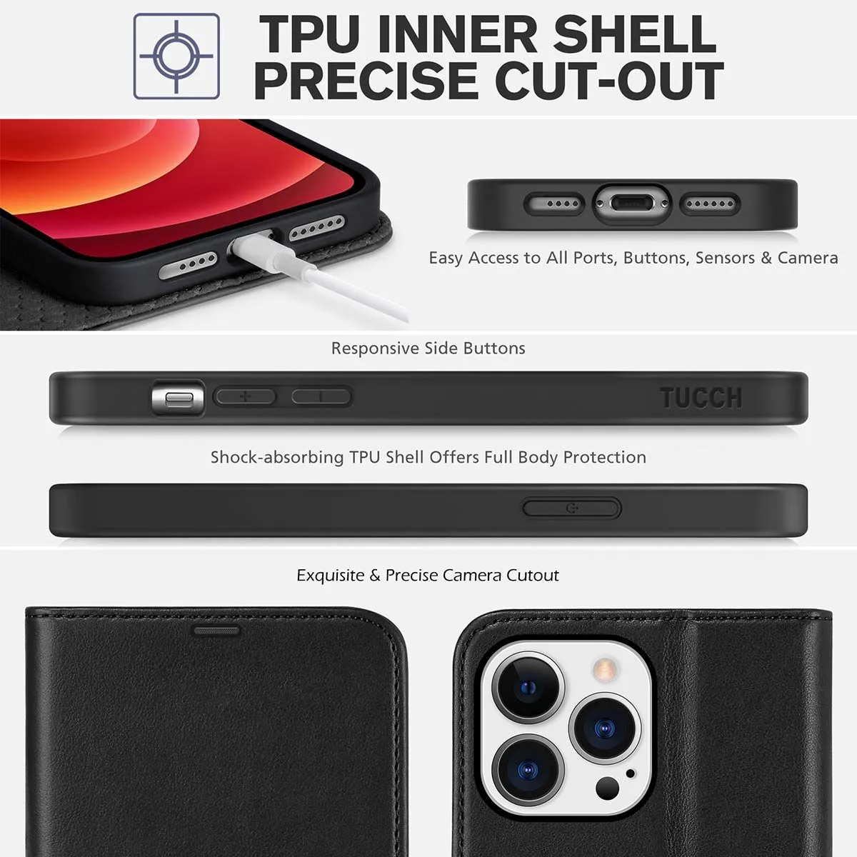 TUCCH iPhone 13 (6.1") Wallet Case, With Magnetic Clasp-Black