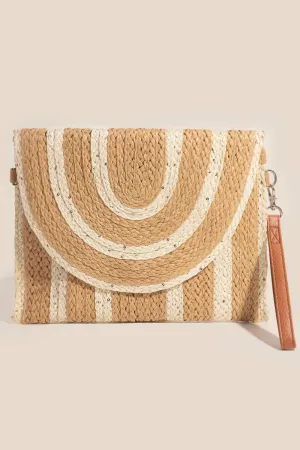 two tone taupe stitched straw envelope clutch