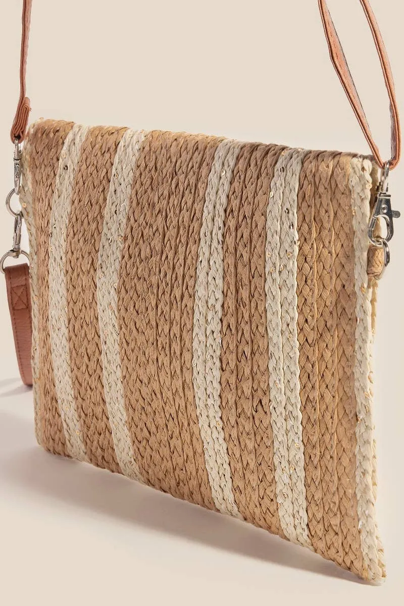 two tone taupe stitched straw envelope clutch