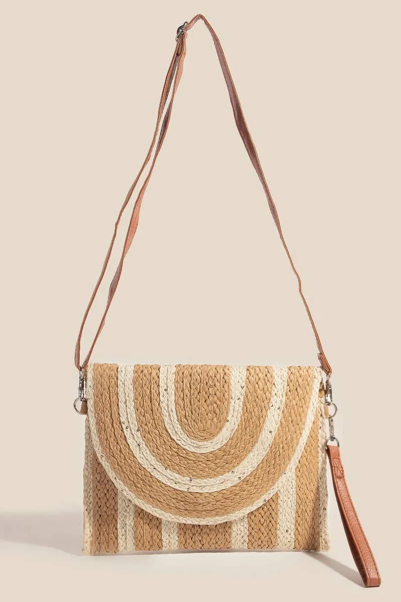 two tone taupe stitched straw envelope clutch