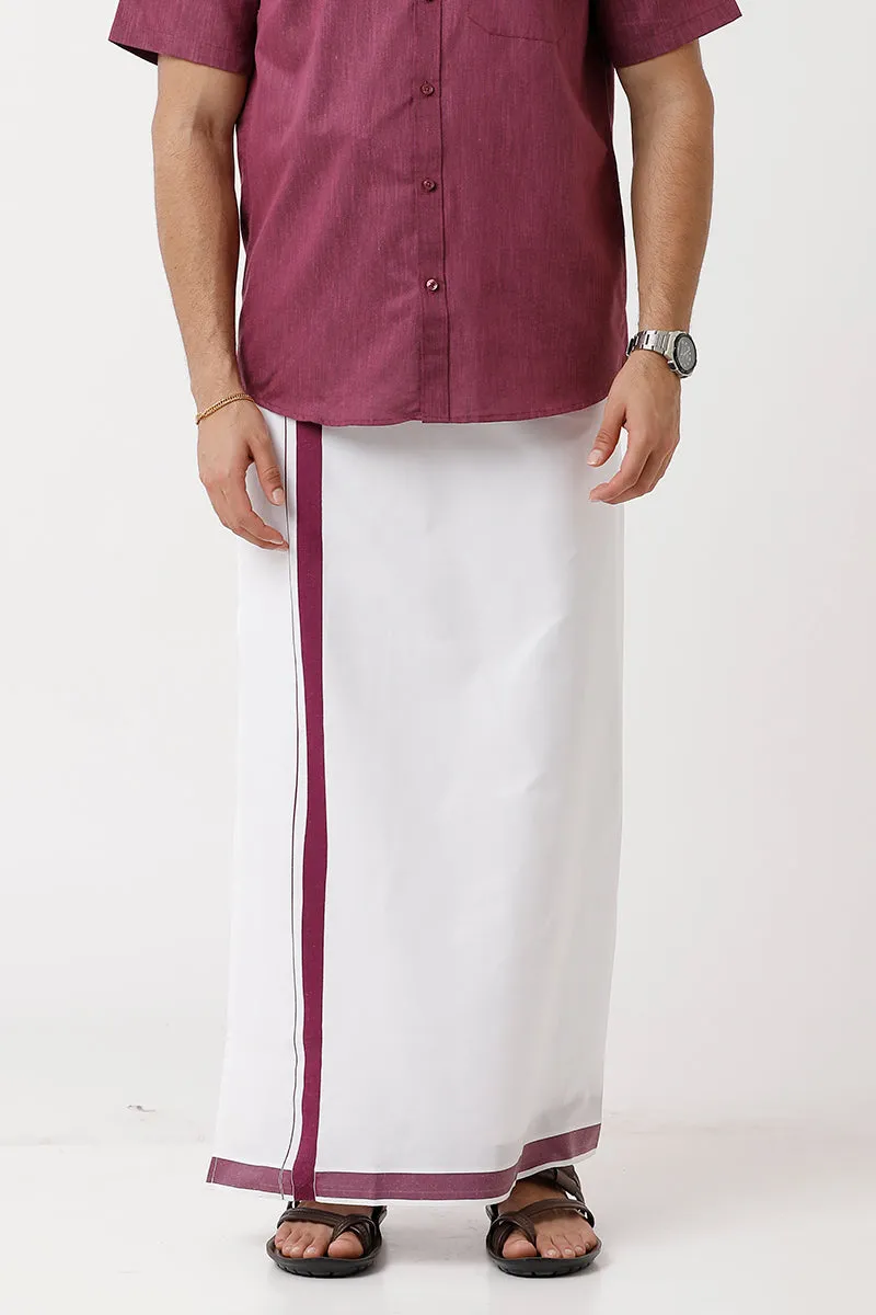 Varna - Plum Orange Single Layered Fancy Border Pocket Dhoti For Men | Uathayam