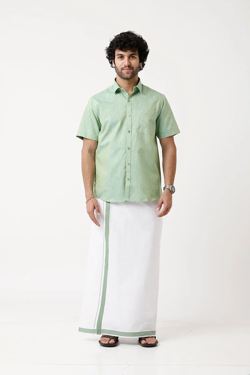 Varna - Summer Green Single Layered Fancy Border Pocket Dhoti For Men | Uathayam