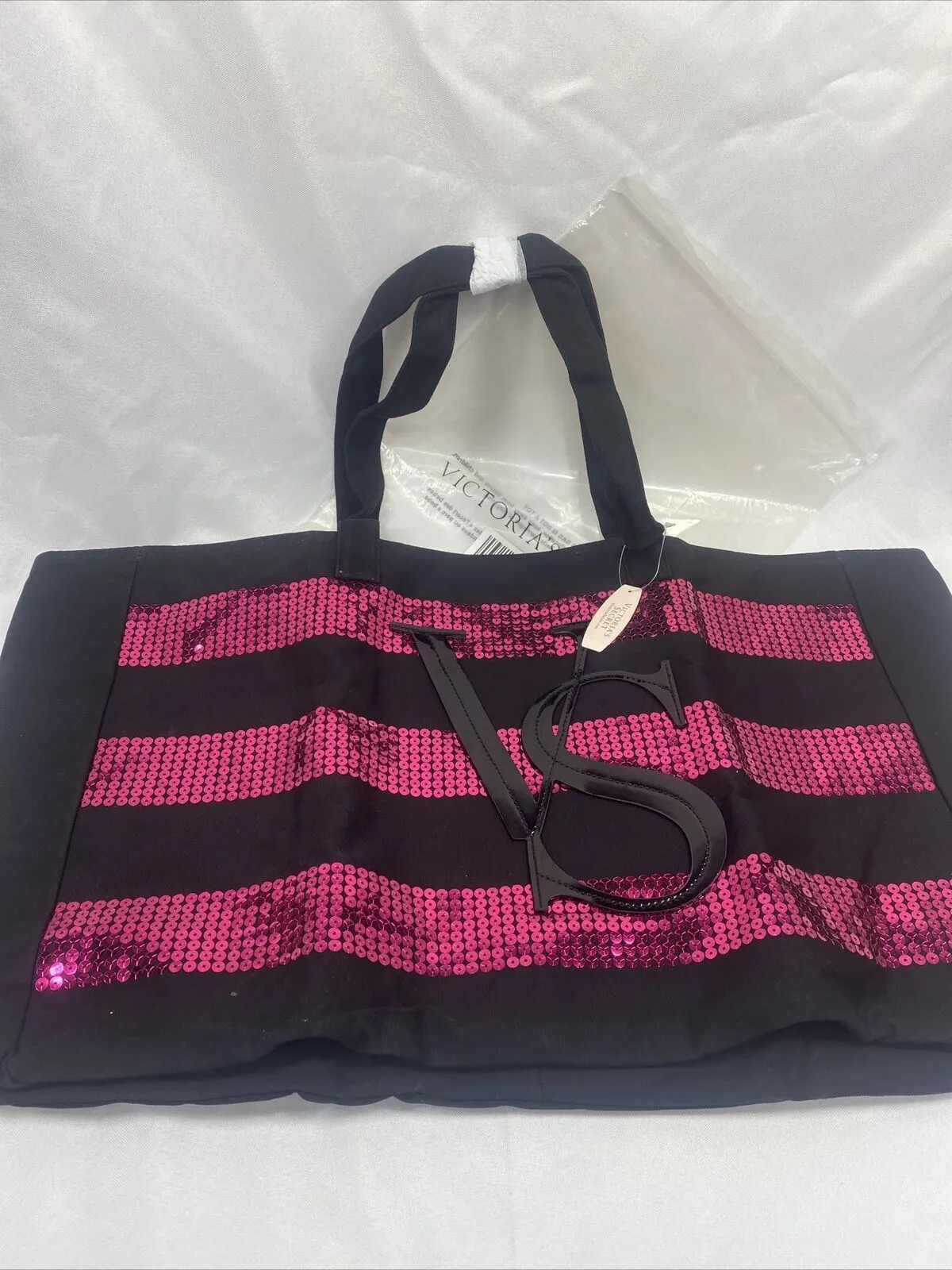 VICTORIA SECRET Tote Black Pink Sequins Stripe Weekender overnight bag Zipper