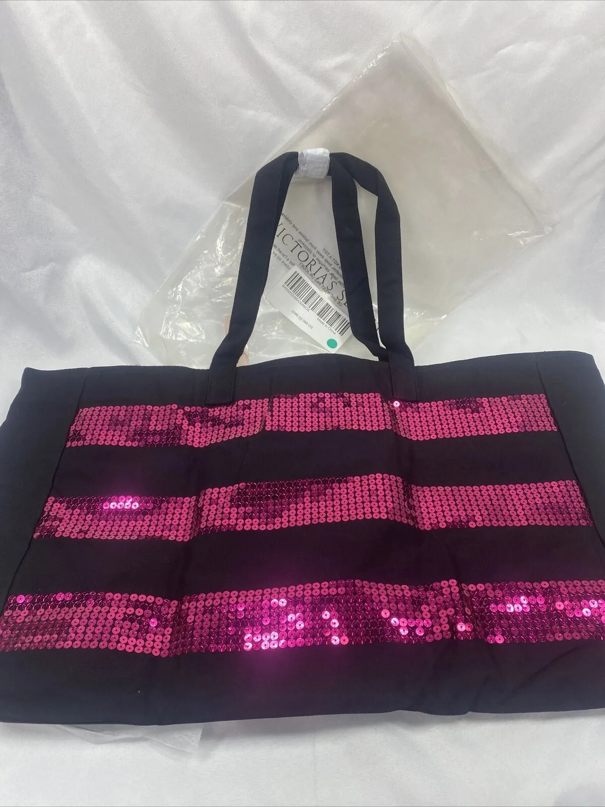 VICTORIA SECRET Tote Black Pink Sequins Stripe Weekender overnight bag Zipper