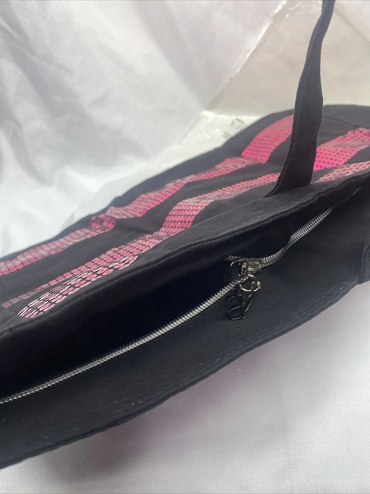 VICTORIA SECRET Tote Black Pink Sequins Stripe Weekender overnight bag Zipper