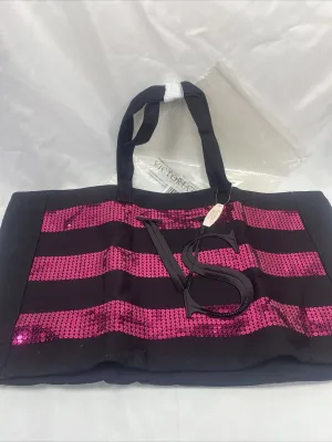VICTORIA SECRET Tote Black Pink Sequins Stripe Weekender overnight bag Zipper