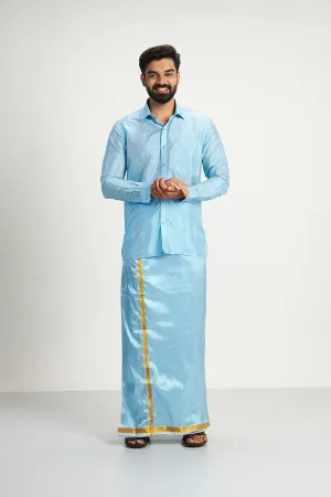 Vriksham - Sky Blue Shirt and Matching Double Layered Dhoti 2 in 1 Wedding Set For Mens | Uathayam