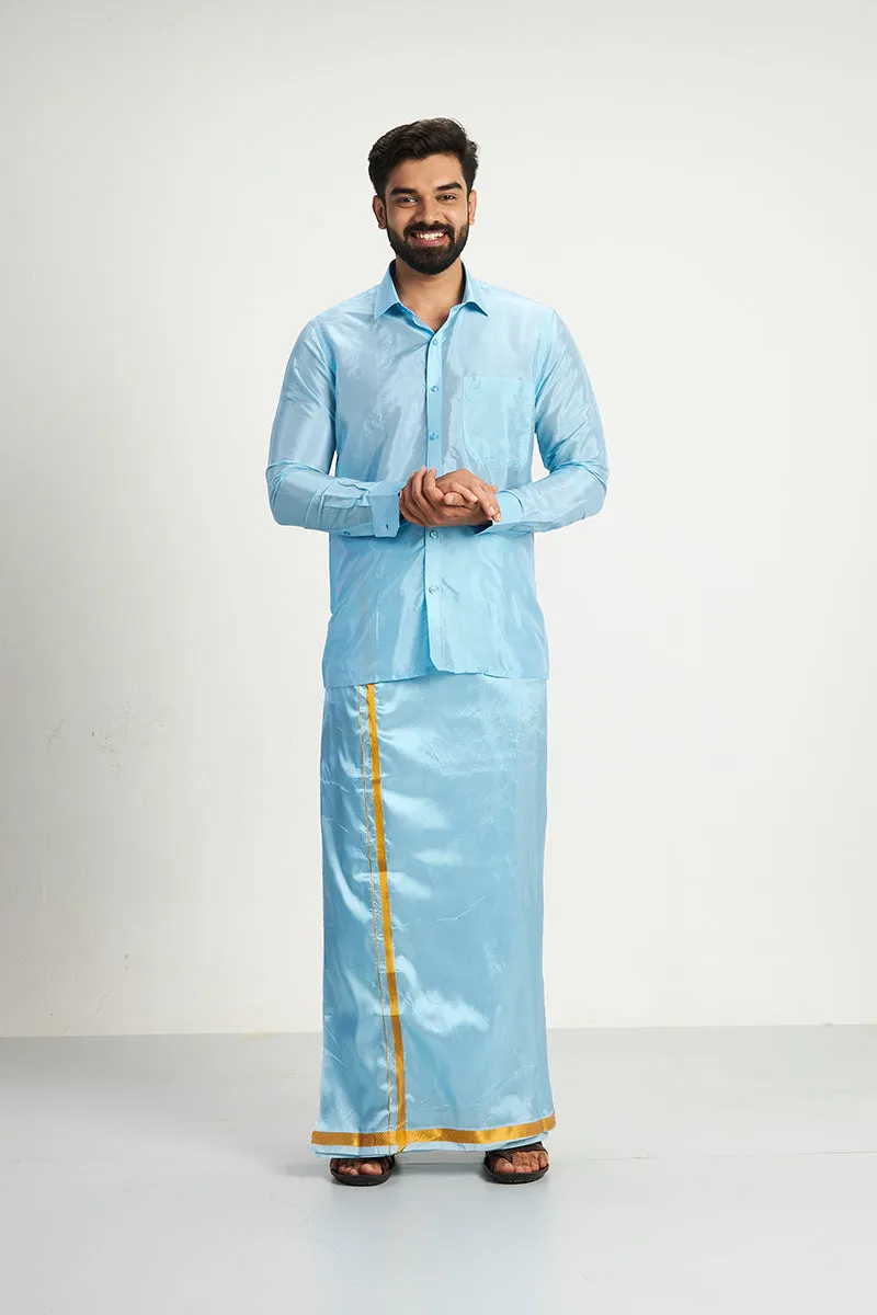 Vriksham - Sky Blue Shirt and Matching Double Layered Dhoti 2 in 1 Wedding Set For Mens | Uathayam