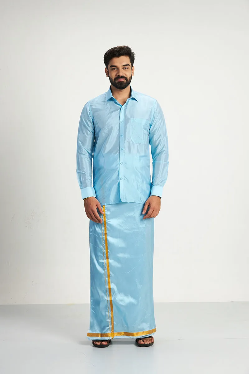 Vriksham - Sky Blue Shirt and Matching Double Layered Dhoti 2 in 1 Wedding Set For Mens | Uathayam