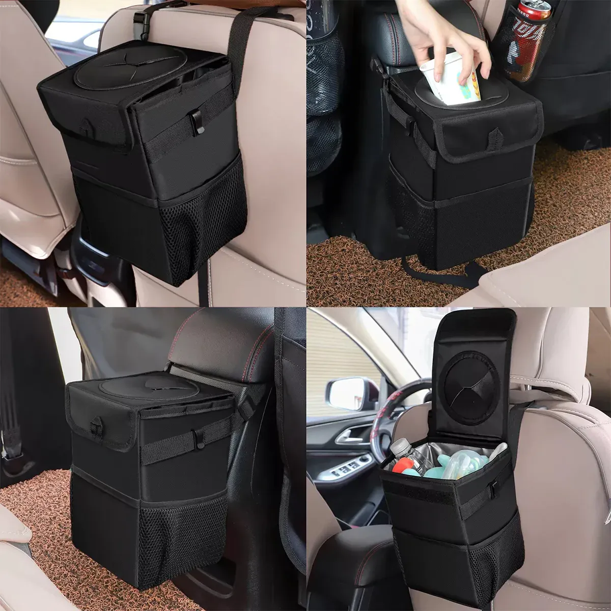 Waterproof Car Trash Can with Lid and Storage Pockets, Custom-Fit For Car, 100% Leak-Proof Car Organizer, Waterproof Car Garbage Can, Multipurpose Trash Bin for Car WAAR234
