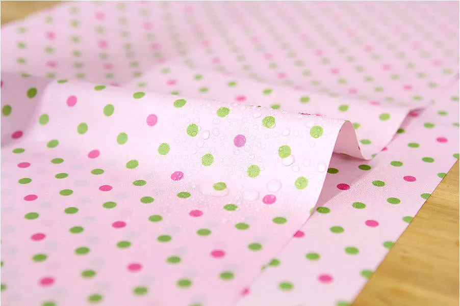 Waterproof Fabric 5 mm Green and Pink Polka Dots on Pink By the Yard 41244
