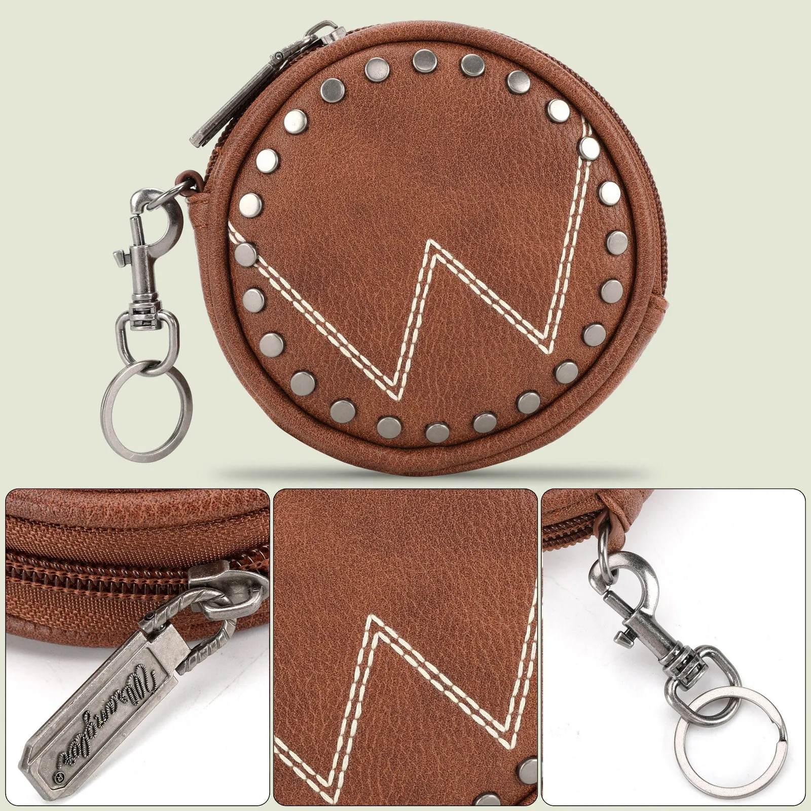 WG116-001  Wrangler Circular Coin Pouch "W" Logo  Bag Charm - Brown