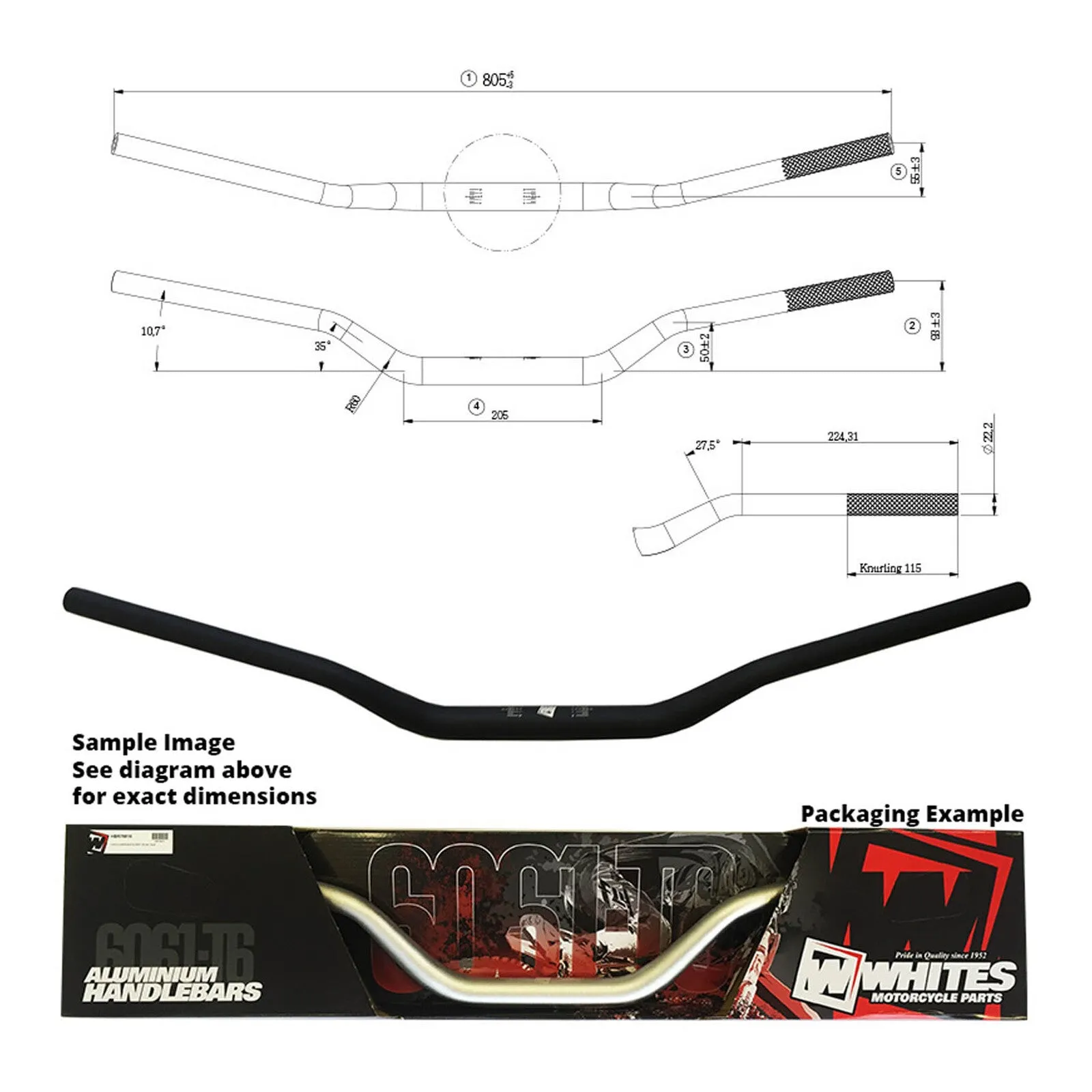 Whites Handlebar Taper AL6061 Black KX/KXF/RMZ 1-1/8" (28.6mm)