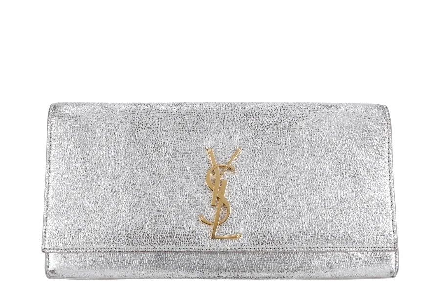 YVES SAINT LAURENT (YSL) CASSANDRE CLUTCH SILVER CALF LEATHER GOLD HARDWARE WITH DUST COVER