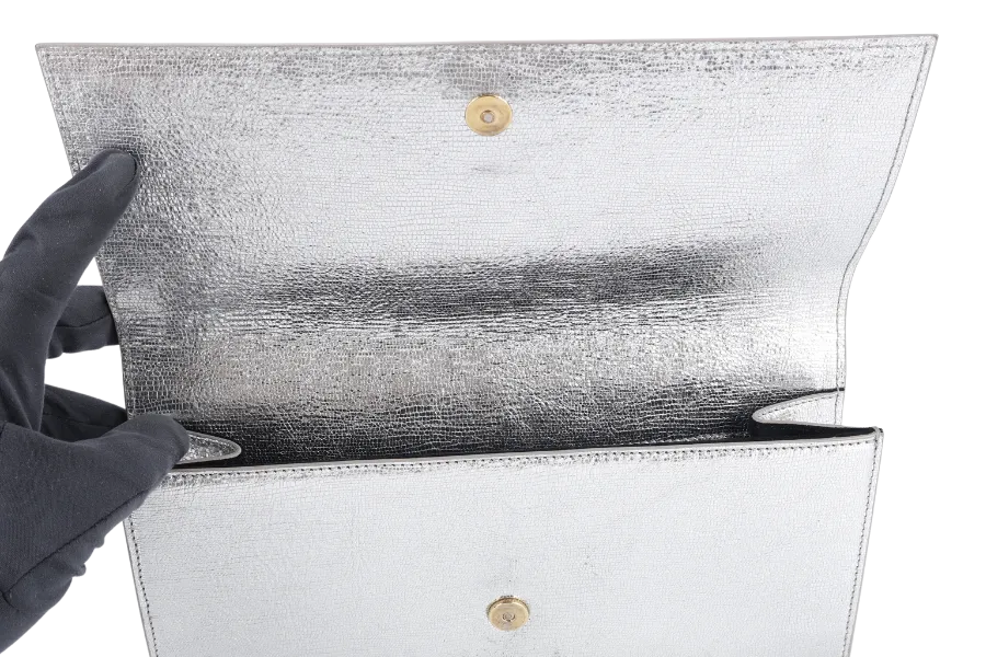 YVES SAINT LAURENT (YSL) CASSANDRE CLUTCH SILVER CALF LEATHER GOLD HARDWARE WITH DUST COVER