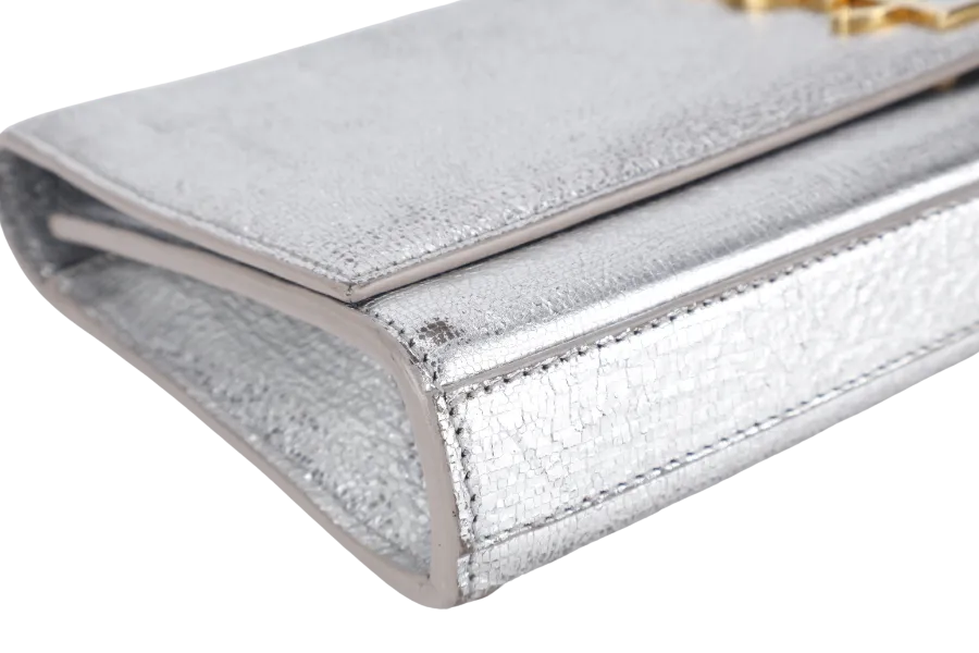 YVES SAINT LAURENT (YSL) CASSANDRE CLUTCH SILVER CALF LEATHER GOLD HARDWARE WITH DUST COVER